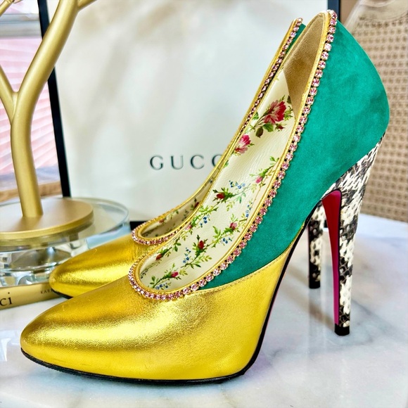 Gucci Metallic Nappa Kid Scamosciato Elaphe Snakeskin Pumps in Emerald Roccia - Picture 4 of 10
